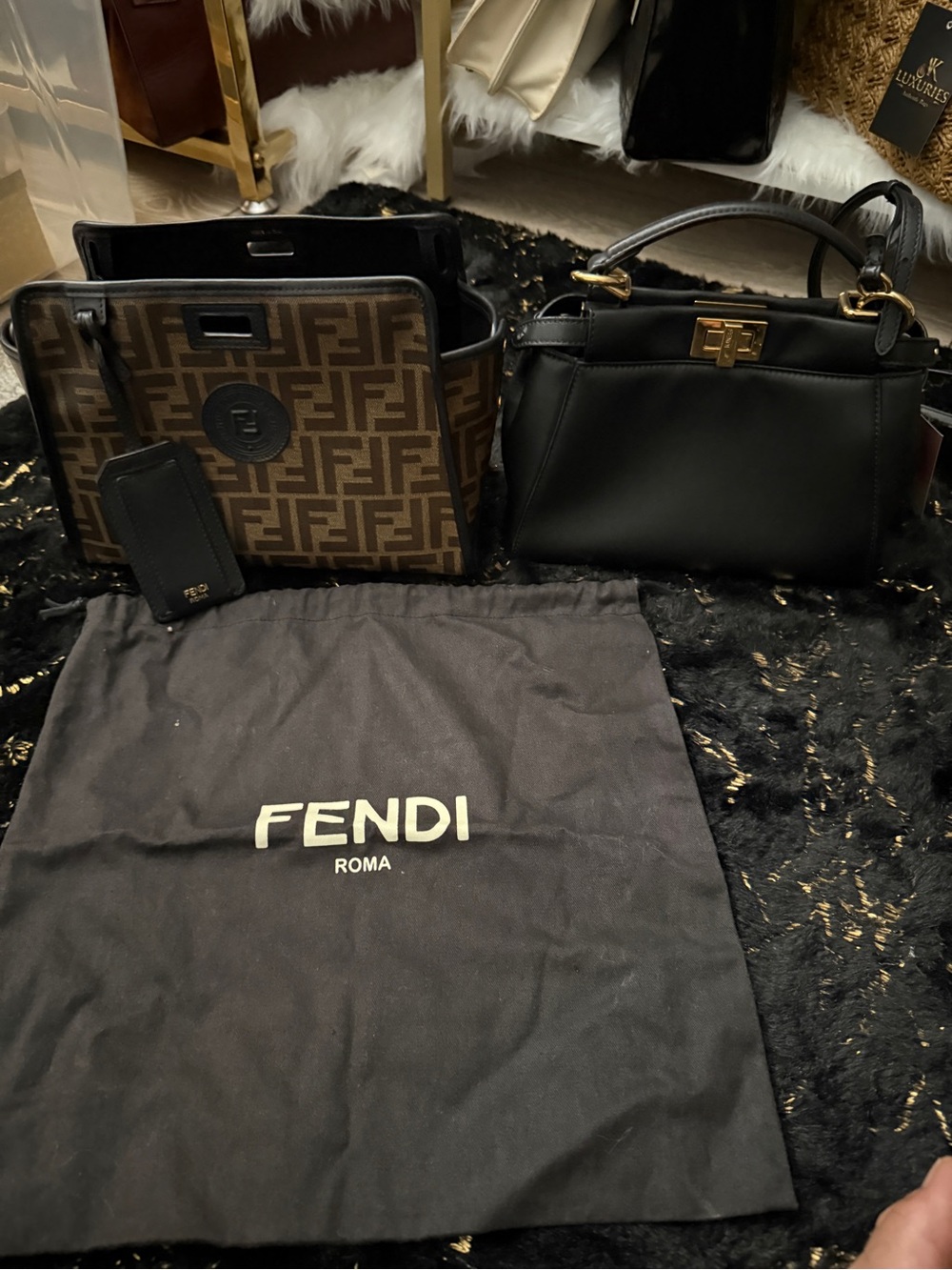 Fendi Brown Zucca Canvas Tote with Black Leather Top-Handle Bag